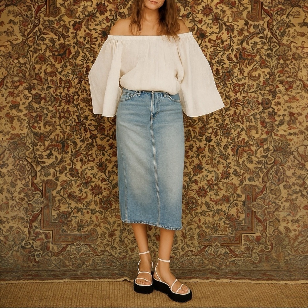 RE/DONE‎ Low Rider Denim Midi Skirt in Vintage Flow